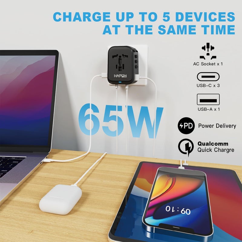 HAPOW Universal Travel Adapter, GaN 65W International Power Adapter, 3 USB-C & 1 USB-A Fast Charging Travel Charger, All in One Worldwide Travel Plug Adapter, Outlet Adapter for Europe UK USA AU - Image 2